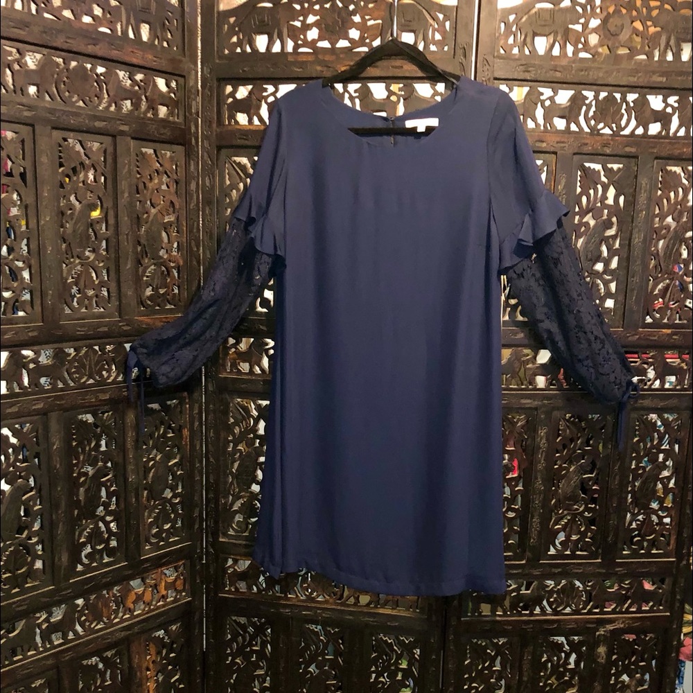 Simply Beautiful Navy Blue Dress w/ Lace Sleeves by Gibson Latimer•Size M•NWT!